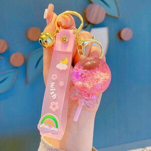 Pink Lollipop Liquid Keychain Quicksand Fidget Toy Bag Charm Kawaii NEW